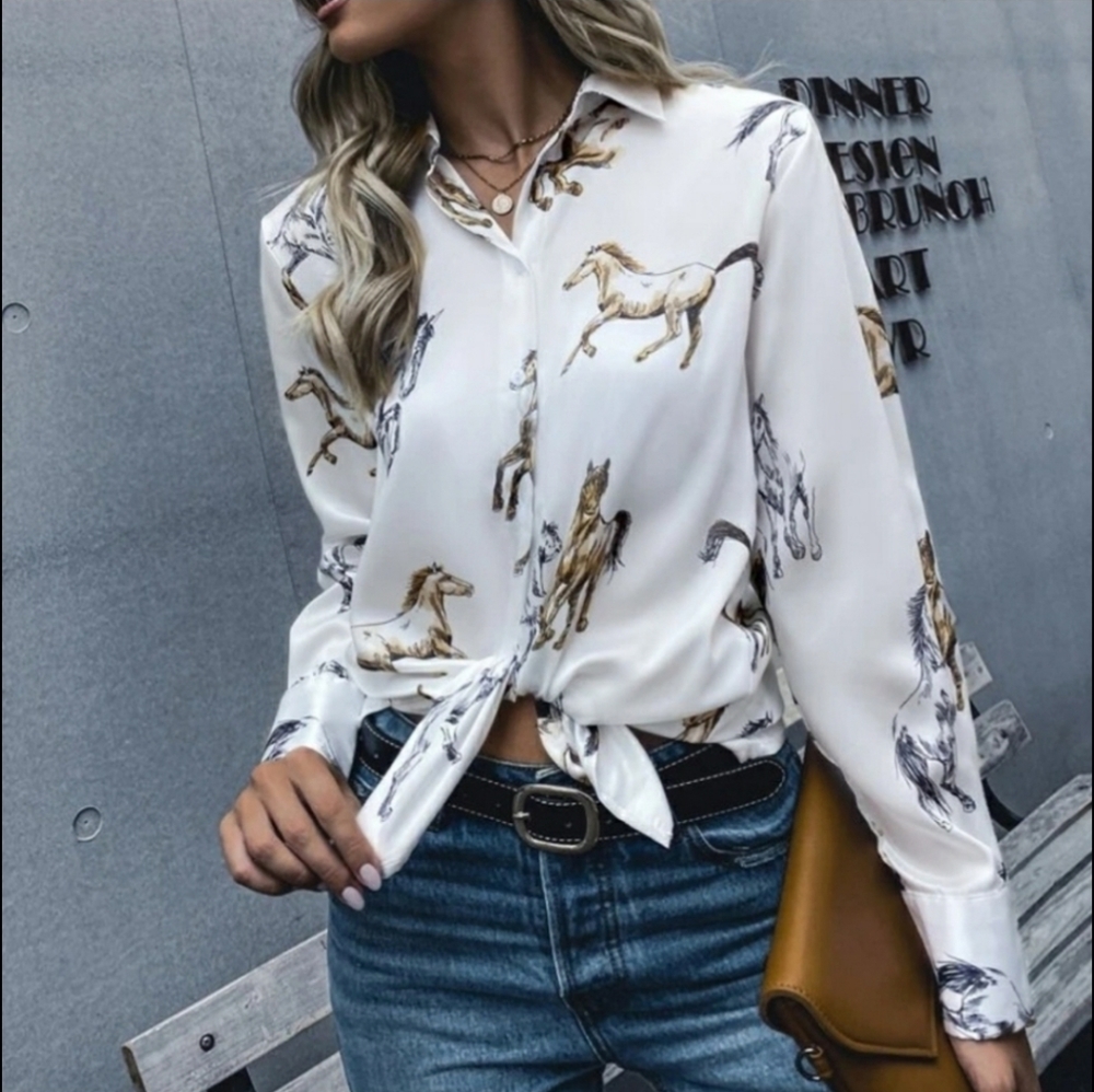 Shein Curve Horse Design Button Up Blouse NWOT